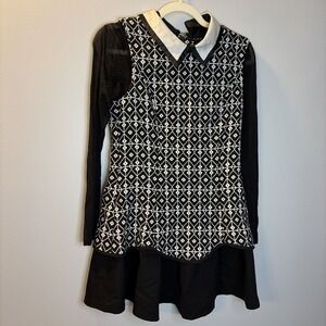 Gothcore Punk Collared Black And White Geometric Sheer Sleeve Layered Dress Sz.M